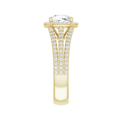 14K Gold Cushion Halo Triple Shank Engagement Ring