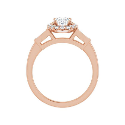 14K Gold Oval Diamond Halo Baguette Engagement Ring