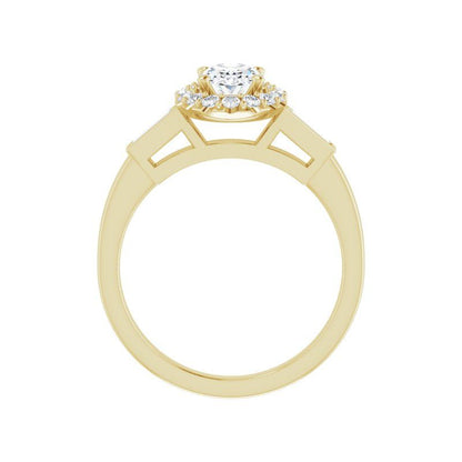 14K Gold Oval Diamond Halo Baguette Engagement Ring