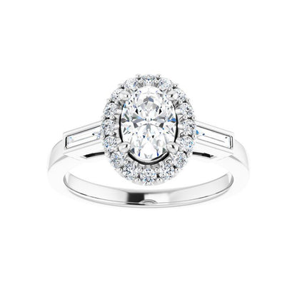 14K Gold Oval Diamond Halo Baguette Engagement Ring