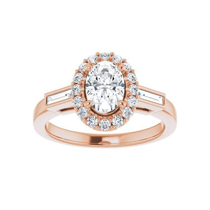 14K Gold Oval Diamond Halo Baguette Engagement Ring