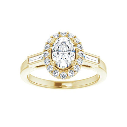 14K Gold Oval Diamond Halo Baguette Engagement Ring