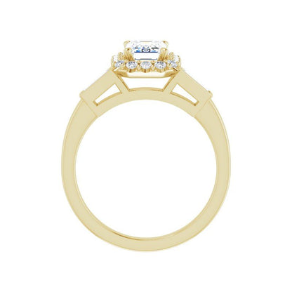 14K Gold Emerald with Halo & Baguette Engagement Ring