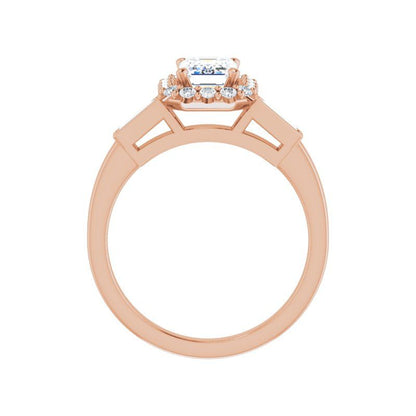 14K Gold Emerald with Halo & Baguette Engagement Ring