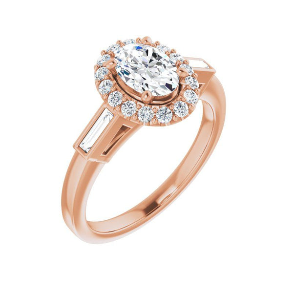 14K Gold Oval Diamond Halo Baguette Engagement Ring