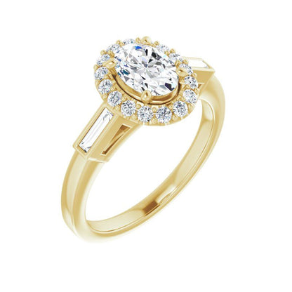 14K Gold Oval Diamond Halo Baguette Engagement Ring
