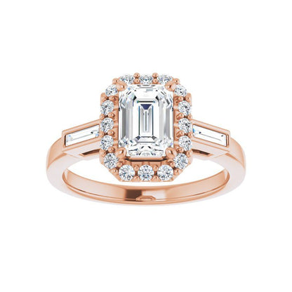 14K Gold Emerald with Halo & Baguette Engagement Ring