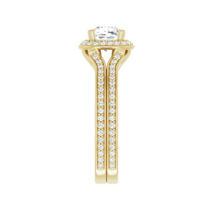 14K Gold Cushion Spilt Halo Diamond Engagement Ring