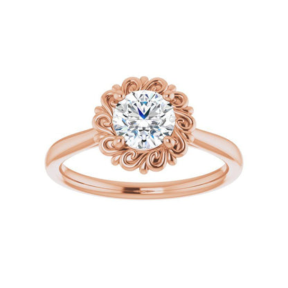 14K Gold Round Engagement Flower Setting Ring