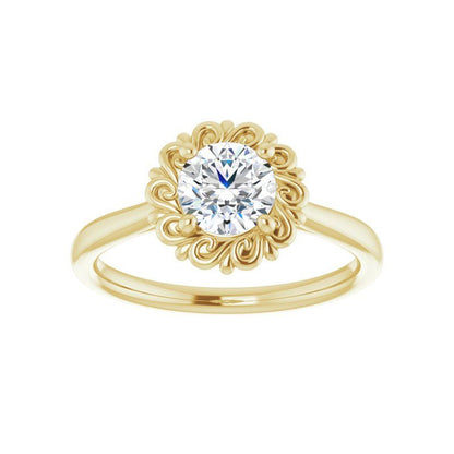 14K Gold Round Engagement Flower Setting Ring
