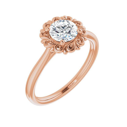 14K Gold Round Engagement Flower Setting Ring