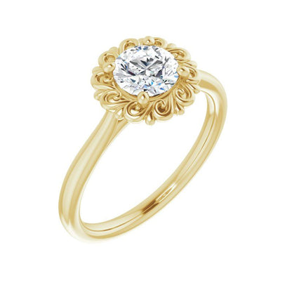 14K Gold Round Engagement Flower Setting Ring