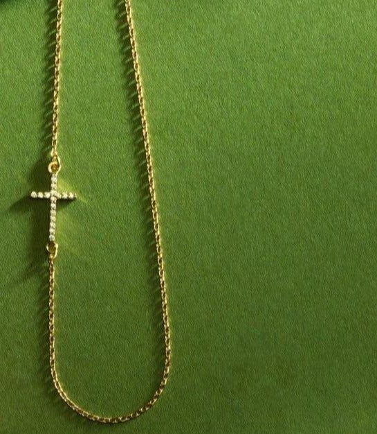 14K Gold Diamond Off-Center Sideways Cross 16" Necklace