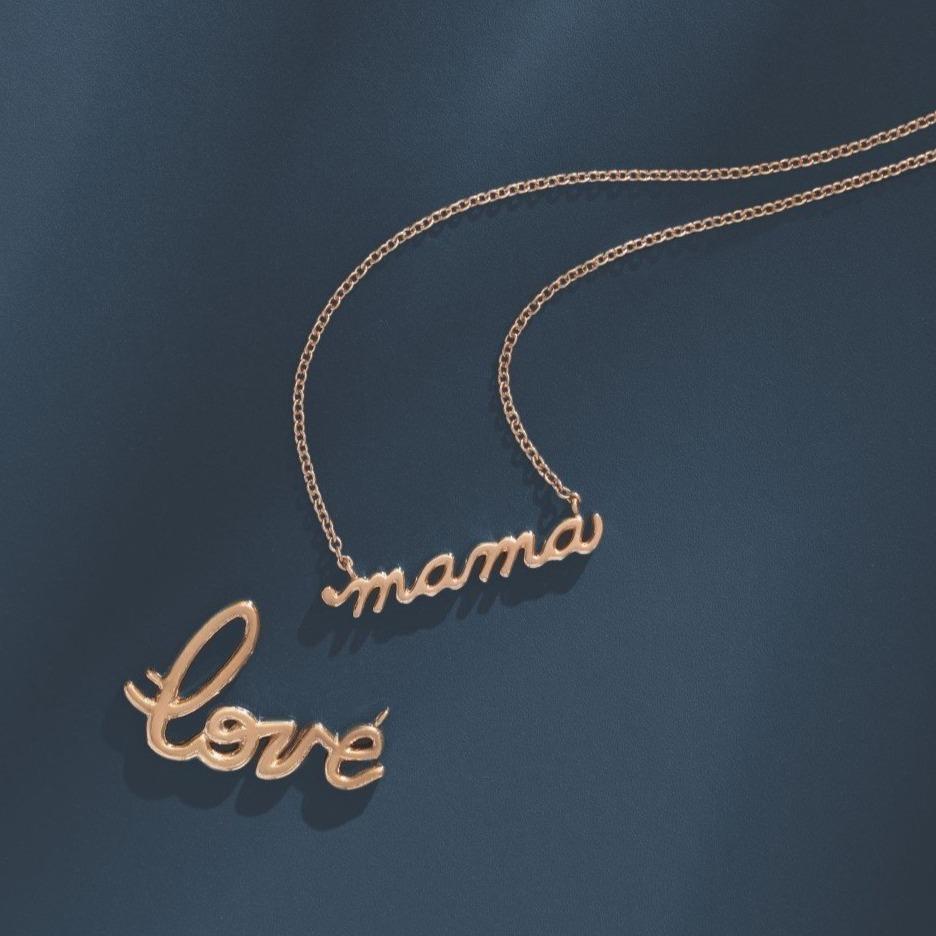 14K Gold and Diamond Dainty "mama" Script Necklace