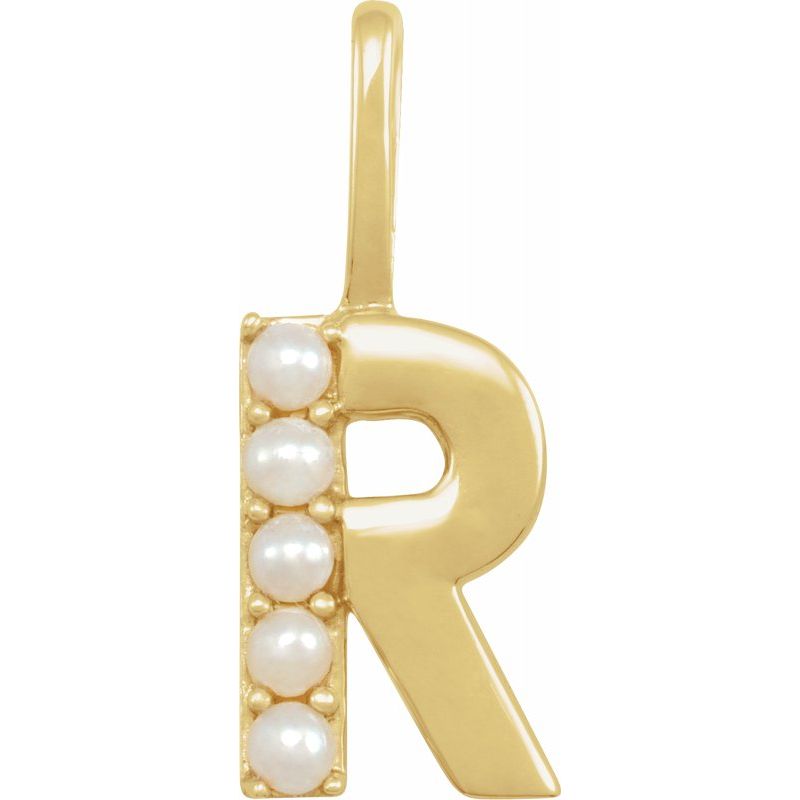 14K Gold Cultured White Pearl Initial A-Z Pendant