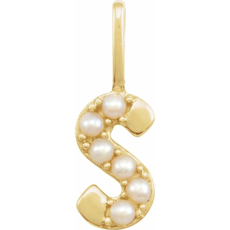 14K Gold Cultured White Pearl Initial A-Z Pendant