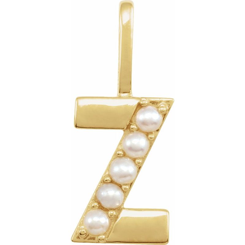 14K Gold Cultured White Pearl Initial A-Z Pendant