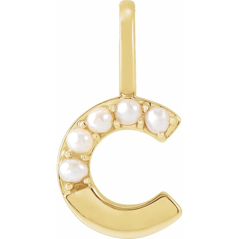 14K Gold Cultured White Pearl Initial A-Z Pendant