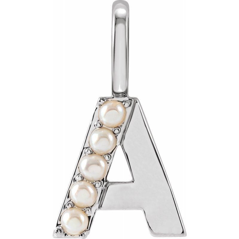 14K Gold Cultured White Pearl Initial A-Z Pendant