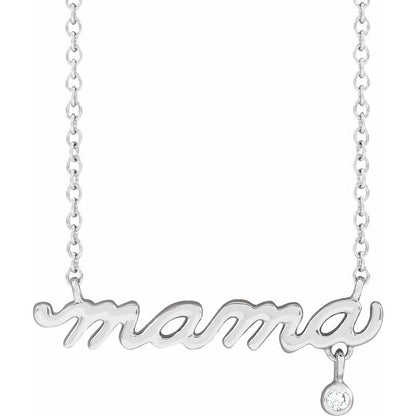 14K Gold and Diamond Dainty "mama" Script Necklace