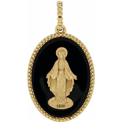 14K Gold White/Black Enameled Miraculous Medal Pendant