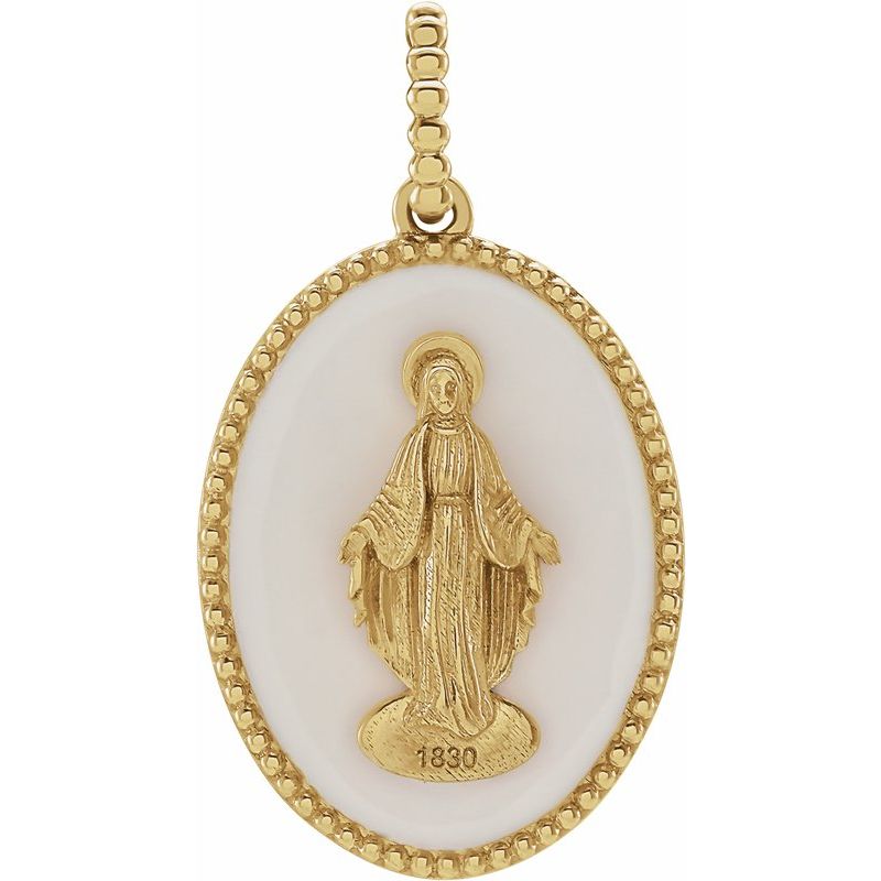 14K Gold White/Black Enameled Miraculous Medal Pendant
