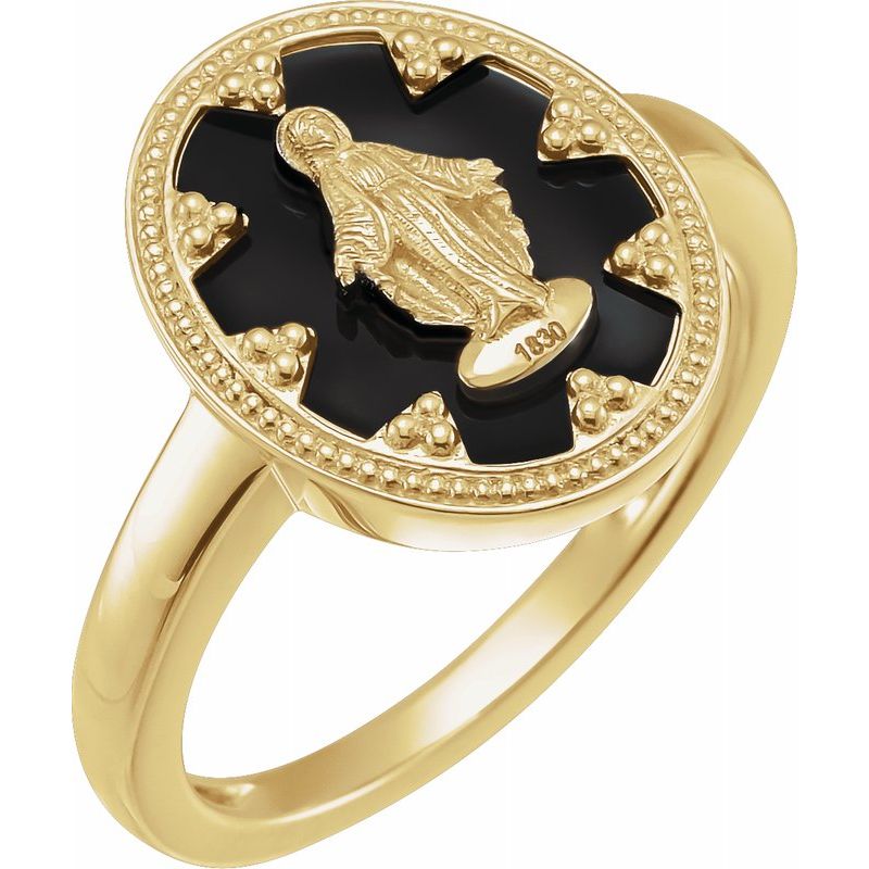 14K Gold Oval White/Black Enameled Miraculous Medal Ring