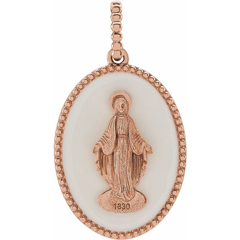14K Gold White/Black Enameled Miraculous Medal Pendant