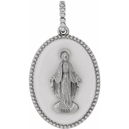 14K Gold White/Black Enameled Miraculous Medal Pendant