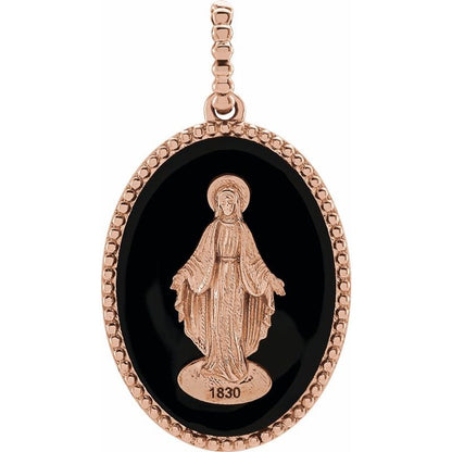 14K Gold White/Black Enameled Miraculous Medal Pendant