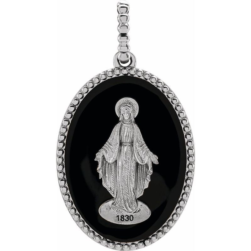 14K Gold White/Black Enameled Miraculous Medal Pendant