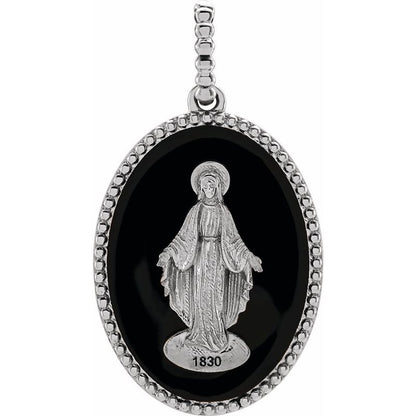 14K Gold White/Black Enameled Miraculous Medal Pendant