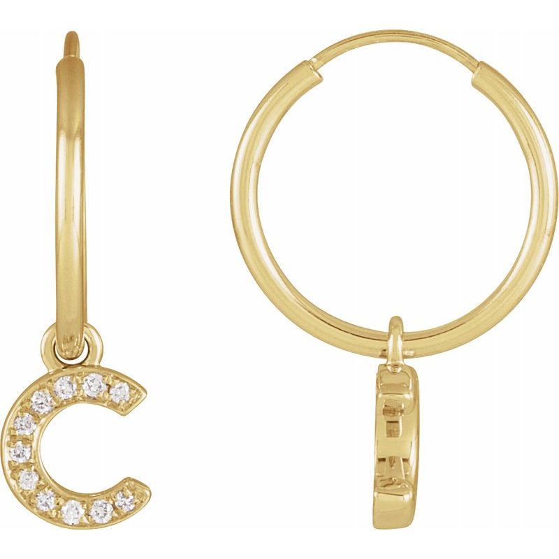 14K Gold Diamond Single Initial A-Z Hoop Earring