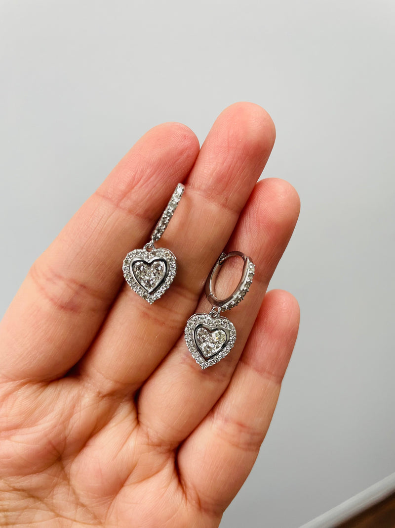 14K White Gold Heart Dangle Earrings