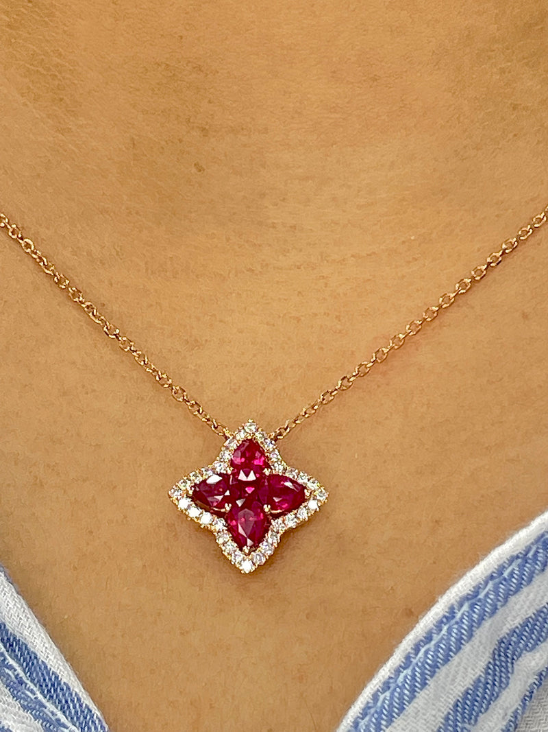 18K Rose Gold Ruby Flower Diamond Necklace