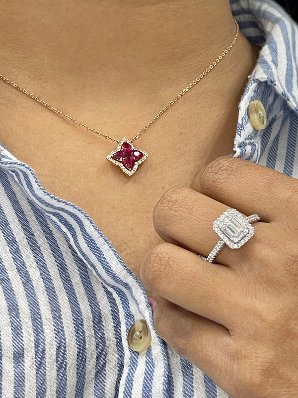 18K Rose Gold Ruby Flower Diamond Necklace