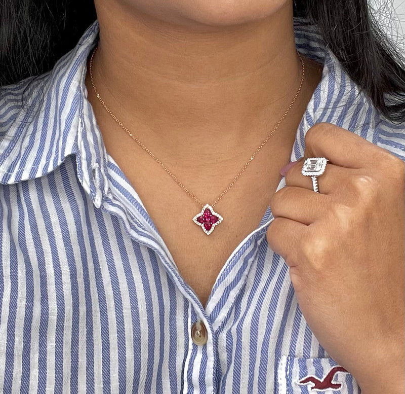 18K Rose Gold Ruby Flower Diamond Necklace