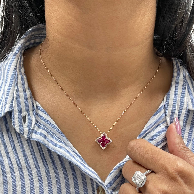 18K Rose Gold Ruby Flower Diamond Necklace