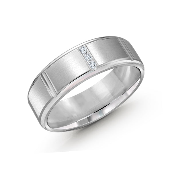Indented 14K Gold Diamond 7mm Men Band - 3 vertical stones