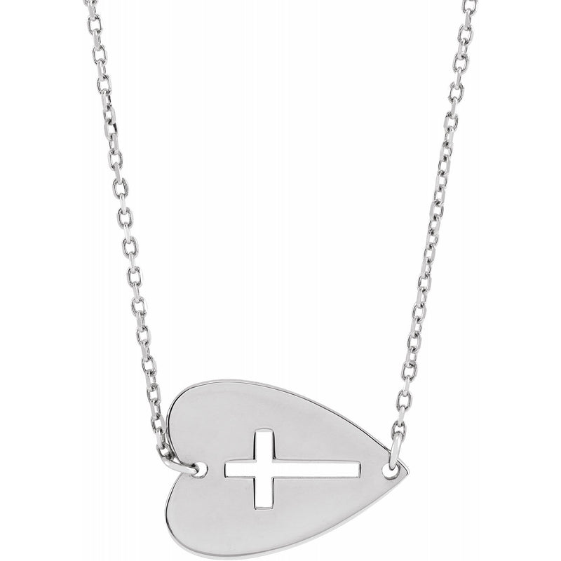 14K Gold Sideways Heart with Pierced Cross 18" Necklace