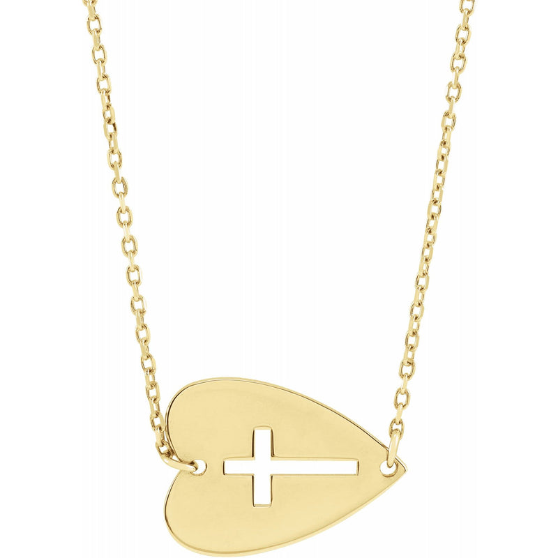 14K Gold Sideways Heart with Pierced Cross 18" Necklace