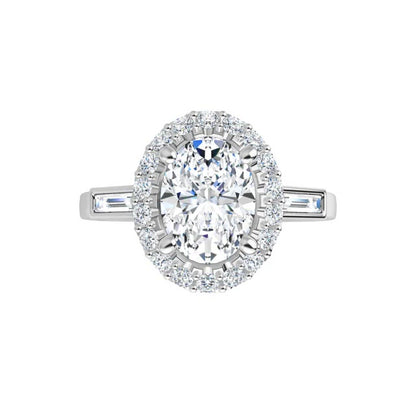 14K Gold Oval Diamond Halo Baguette Engagement Ring