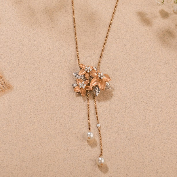 14K Rose/White Three-Flowers Italian Necklace