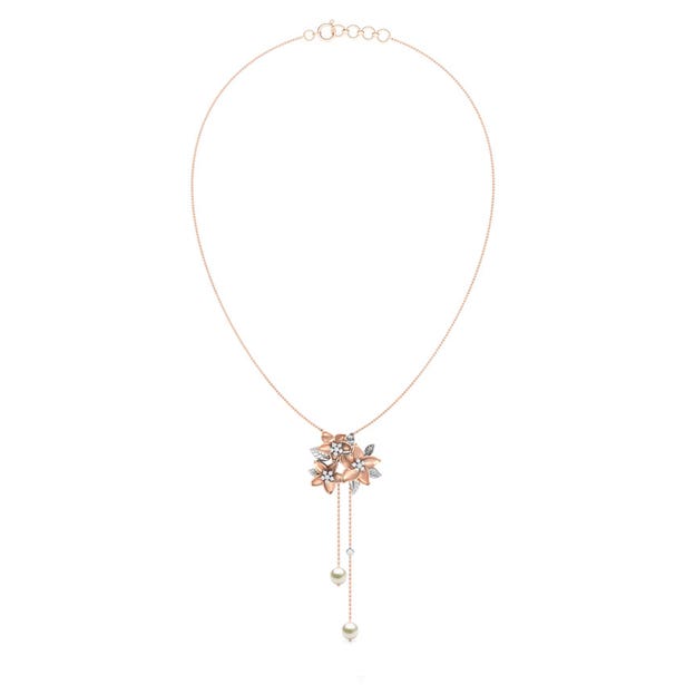 14K Rose/White Three-Flowers Italian Necklace