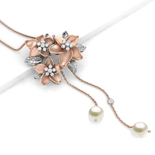 14K Rose/White Three-Flowers Italian Necklace